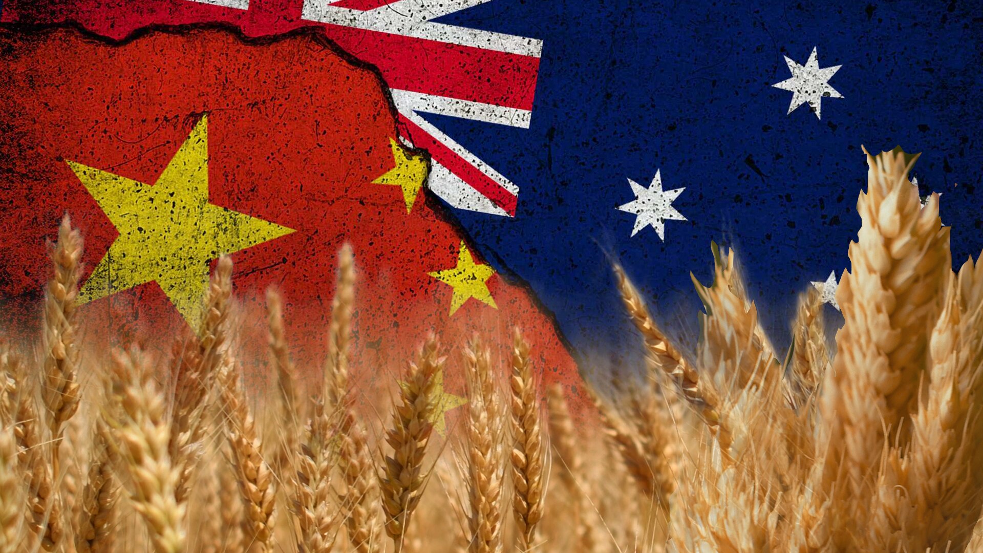 A composite photo of Australian and Chinese flags combined with a grain photo overlaid 