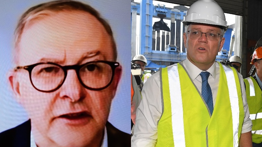 A composite image showing Anthony Albanese on a screen from isolation and Scott Morrison in a hard hat and high-vis.