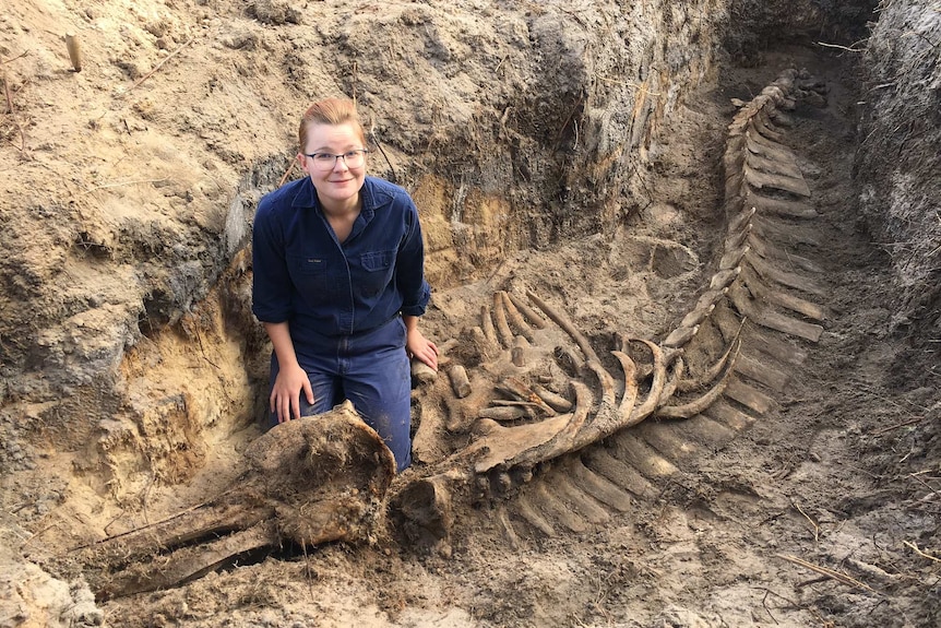 A woman wearing a blue top and pants in a hole with bones