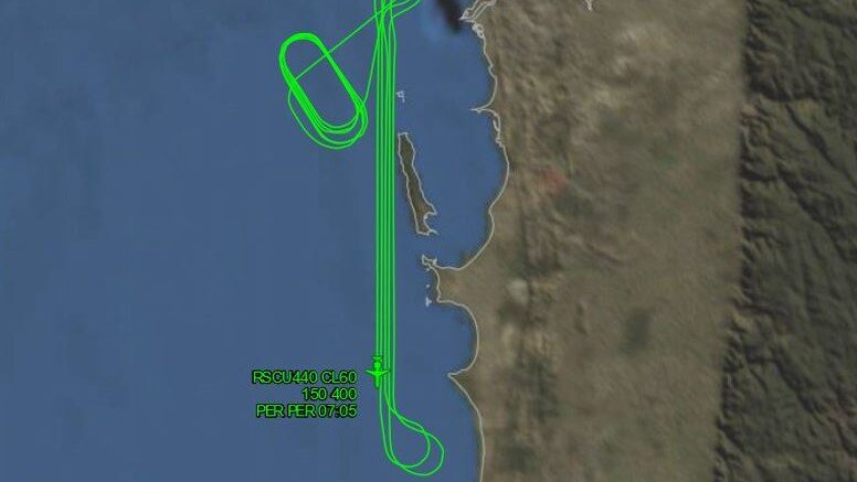 A map showing the route of a Rescue Australia Plane doing loops off the Perth coast as part of a search for missing men.