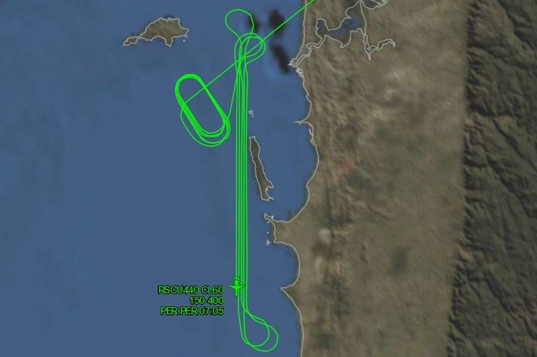 A map showing the route of a Rescue Australia Plane doing loops off the Perth coast as part of a search for missing men.