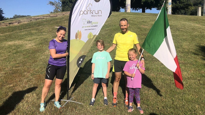 Sally Heppleston (left), with her children and husband at parkrun.