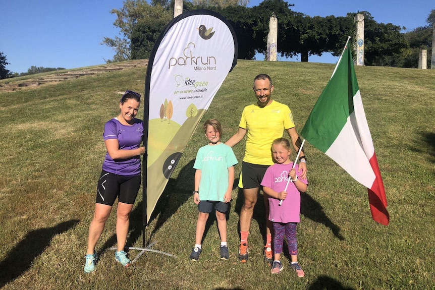 Sally Heppleston (left), with her children and husband at parkrun.