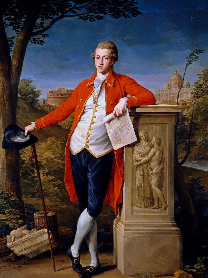 A portrait of a young English aristocrat in a red coat holding a top hat, with the city of Rome in the background.