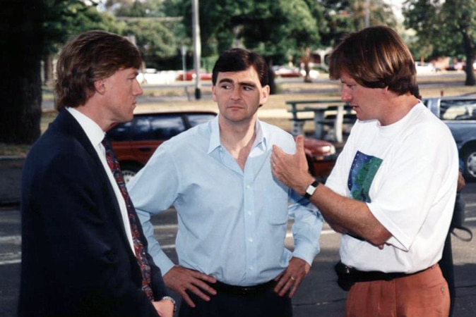 In opposition, Labor's John Thwaites and John Brumby speaking to Save Albert Park's John Dietrich.