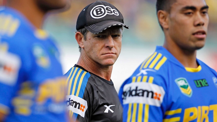 Eels trainer Trent Elkin looks on at the NRL Eels vs Warriors match at Parramatta on March 9, 2013.