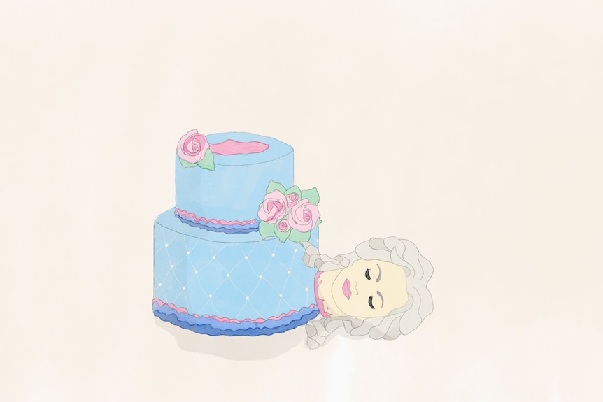 Water colour illustration of two tiered cake with likeness of Marie Antoinette chopped off and sitting next to cake on side.
