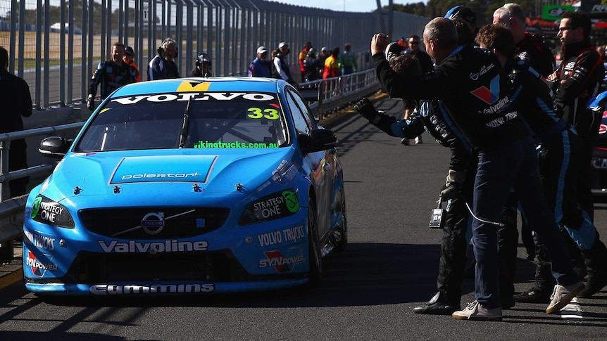 Scott McLaughlin is greeted in the pits after winning at Phillip Island