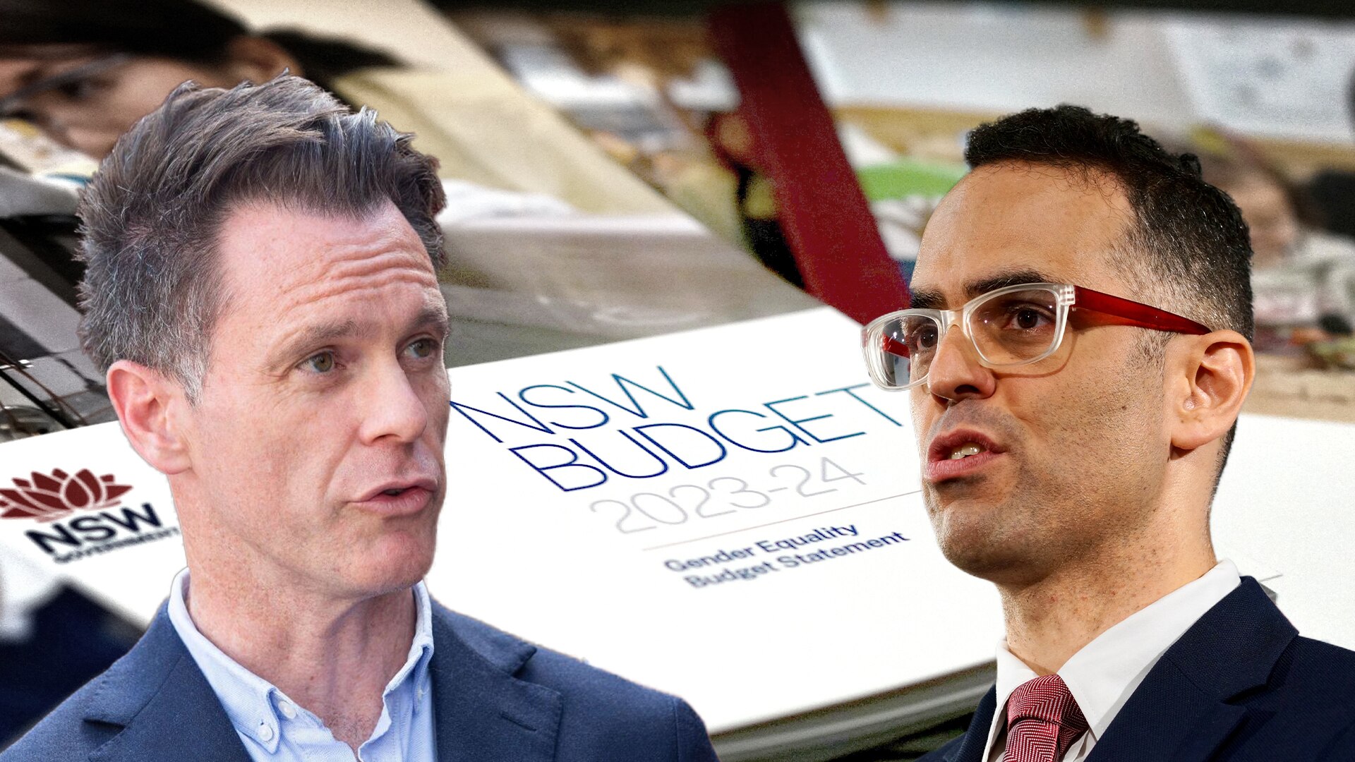 Two men in suits face left and right with a booklet reading "nsw budget 2023-24" superimposed behind them