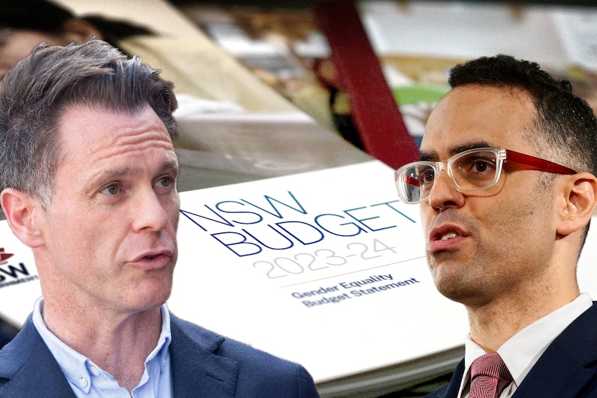 Two men in suits face left and right with a booklet reading "nsw budget 2023-24" superimposed behind them