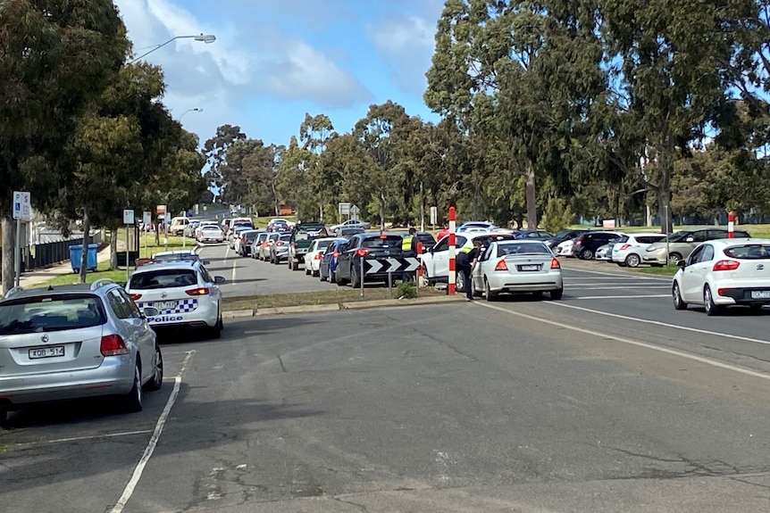 A line of cars, with police officers talking to the people in cars.