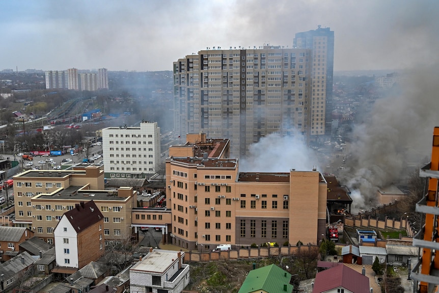 Smoke rises from Russian FSB building in city of Rostov-on-Don.