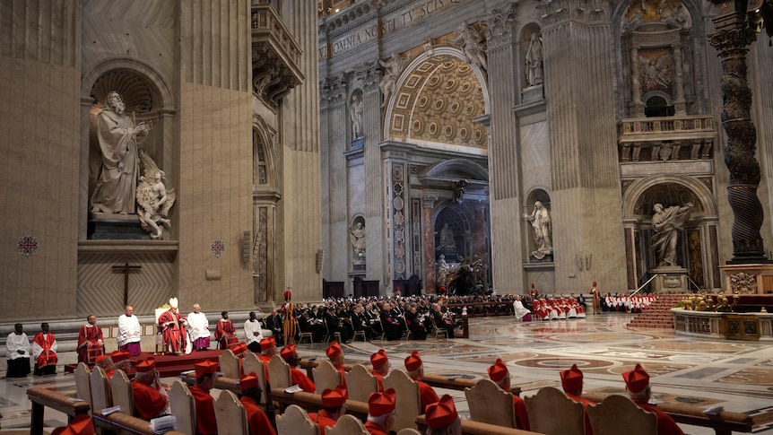 Men sit in basilica in red garb with Pope in lineup 