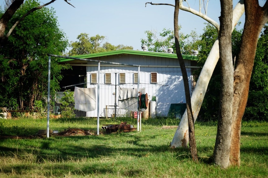 picture of a blue house with a green roof gutter and a clothesline with sheets hanging off it.