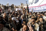Followers of the Houthi demonstrate against the Saudi-led air strikes on Yemen