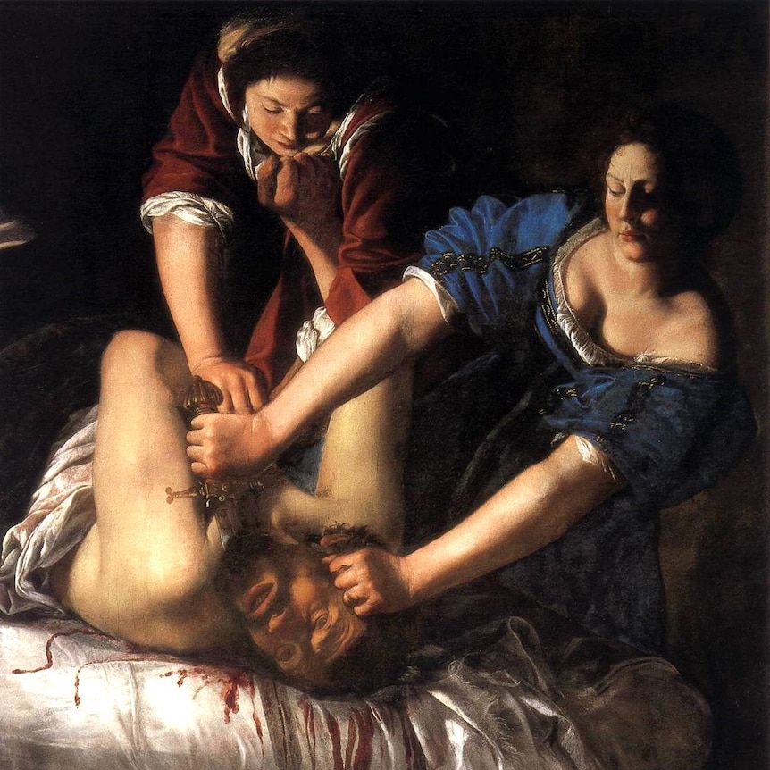 A graphic painting of two women in old fashioned clothing cutting off a man's head