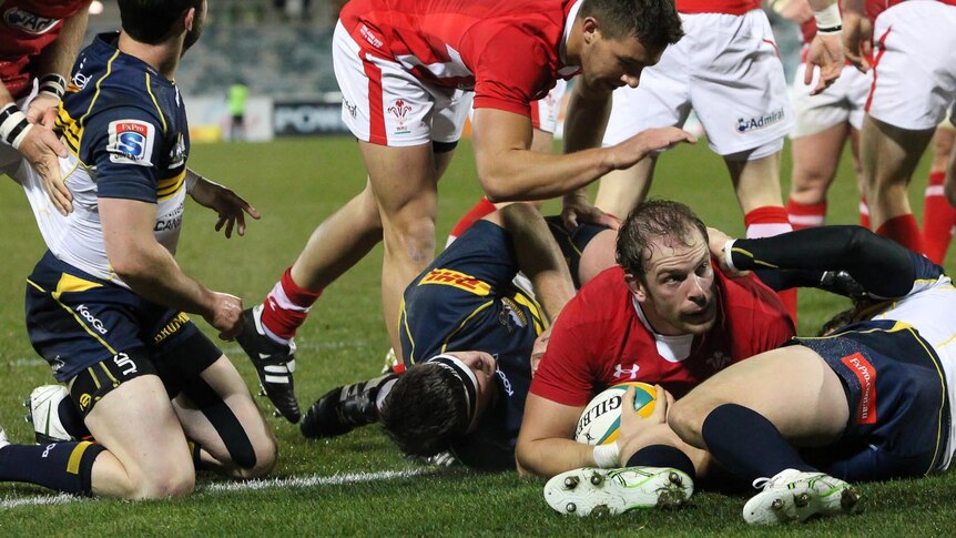 Wales captain, Alun Wyn Jones, scores a try during the 25-15 win over the Brumbies.