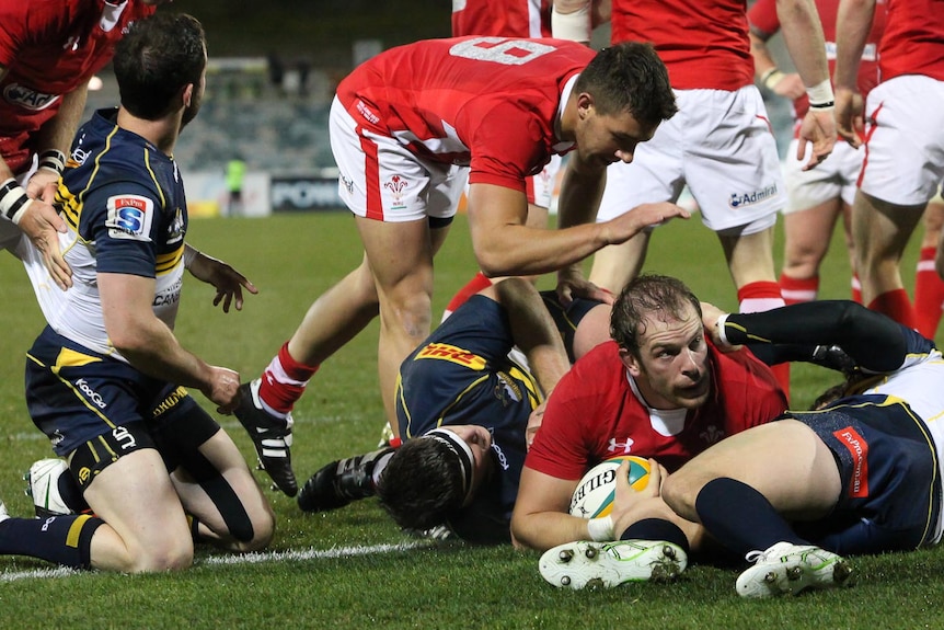 Wales captain, Alun Wyn Jones, scores a try during the 25-15 win over the Brumbies.
