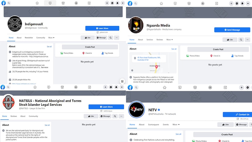 Screenshots of four facebook pages from Indigenous organisations