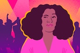 A light skinned black woman is seen drawn in pinks and purples with large hair and an unsure expression, dancers behind her.