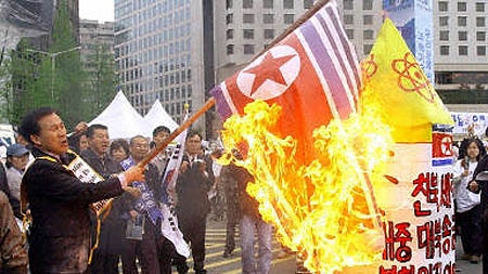 A South Korean burns a North Korean flag at a protest in Seoul.