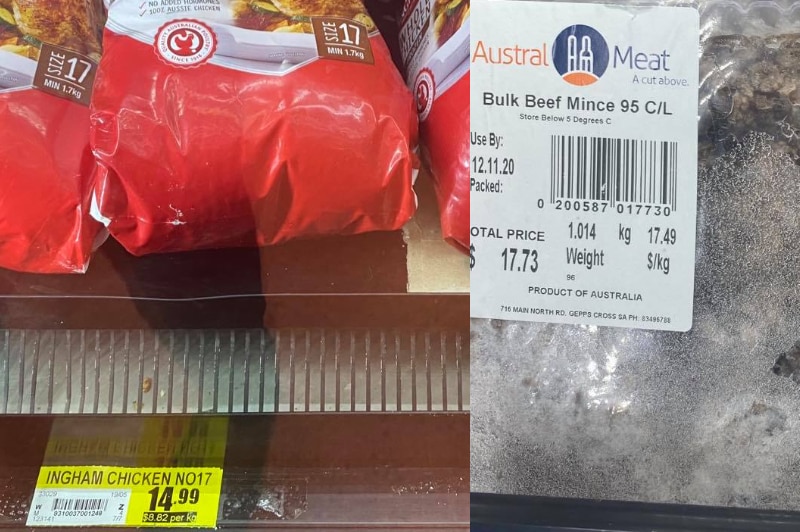 A combined image showing two grocery items. One, a whole chicken, is $14.99. The other, 1kg of frozen beef mince, is $17.73.