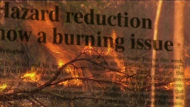 Newspaper text overlays image of bushfire flames