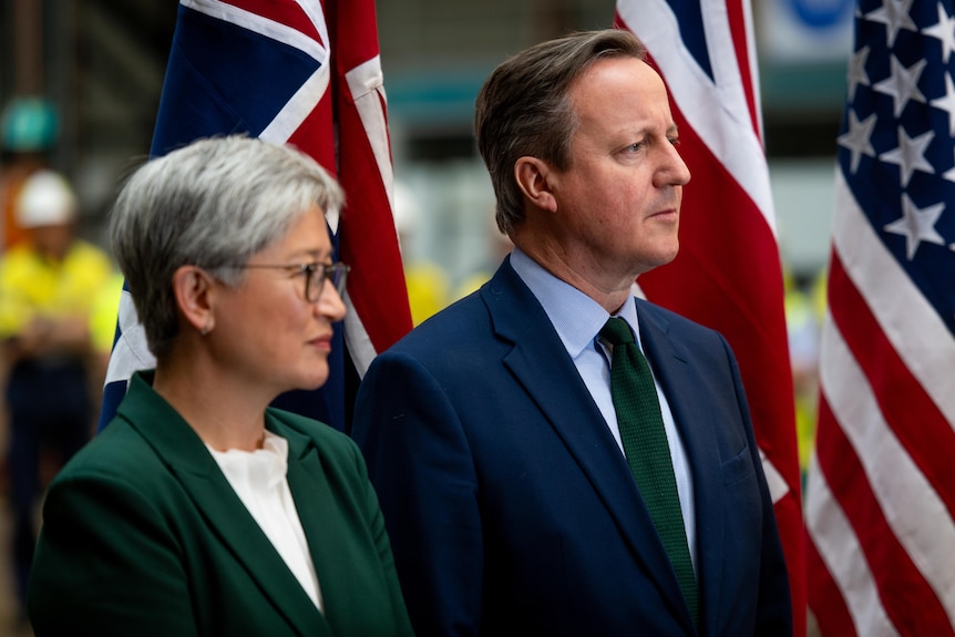 Penny Wong and David Cameron stand in front of Australian and British flags.