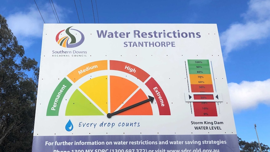 Sign showing water restrictions at critical in Stanthorpe in southern Queensland and dam levels low.