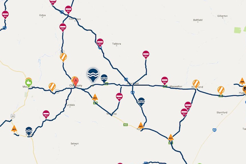 Screenshot showing road closures during north Queensland floods