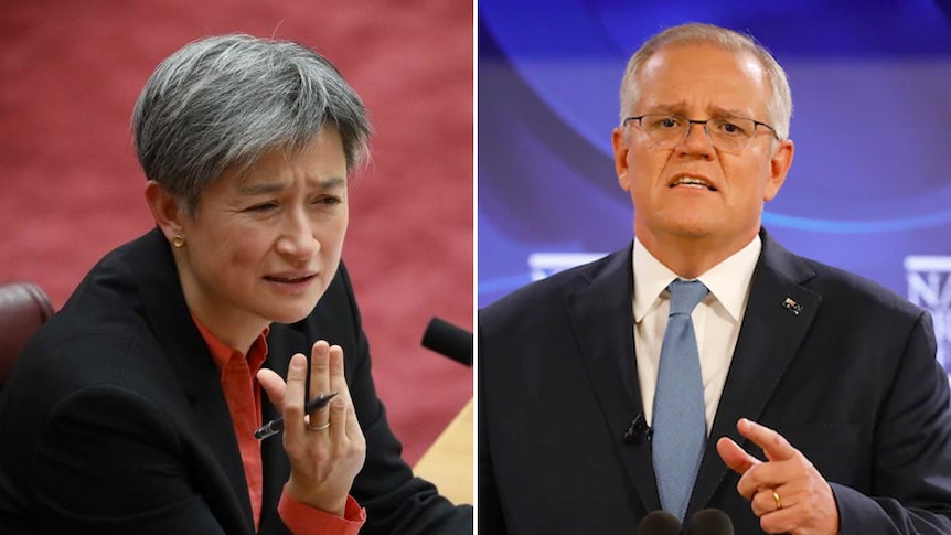 Side by side photos of Penny Wong at a microphone and Scott Morrison standing at a podium