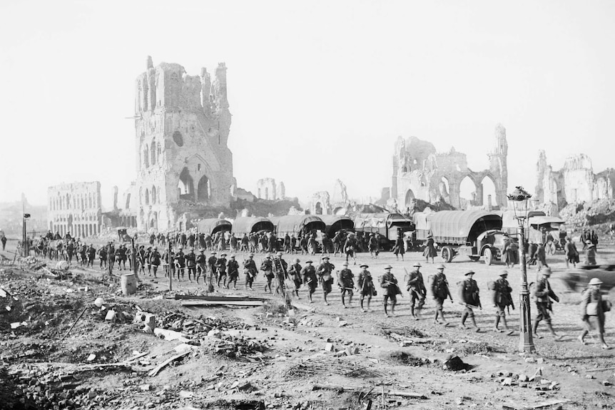 Australian soldiers march to front line position in the Ypres Sector in Belgium