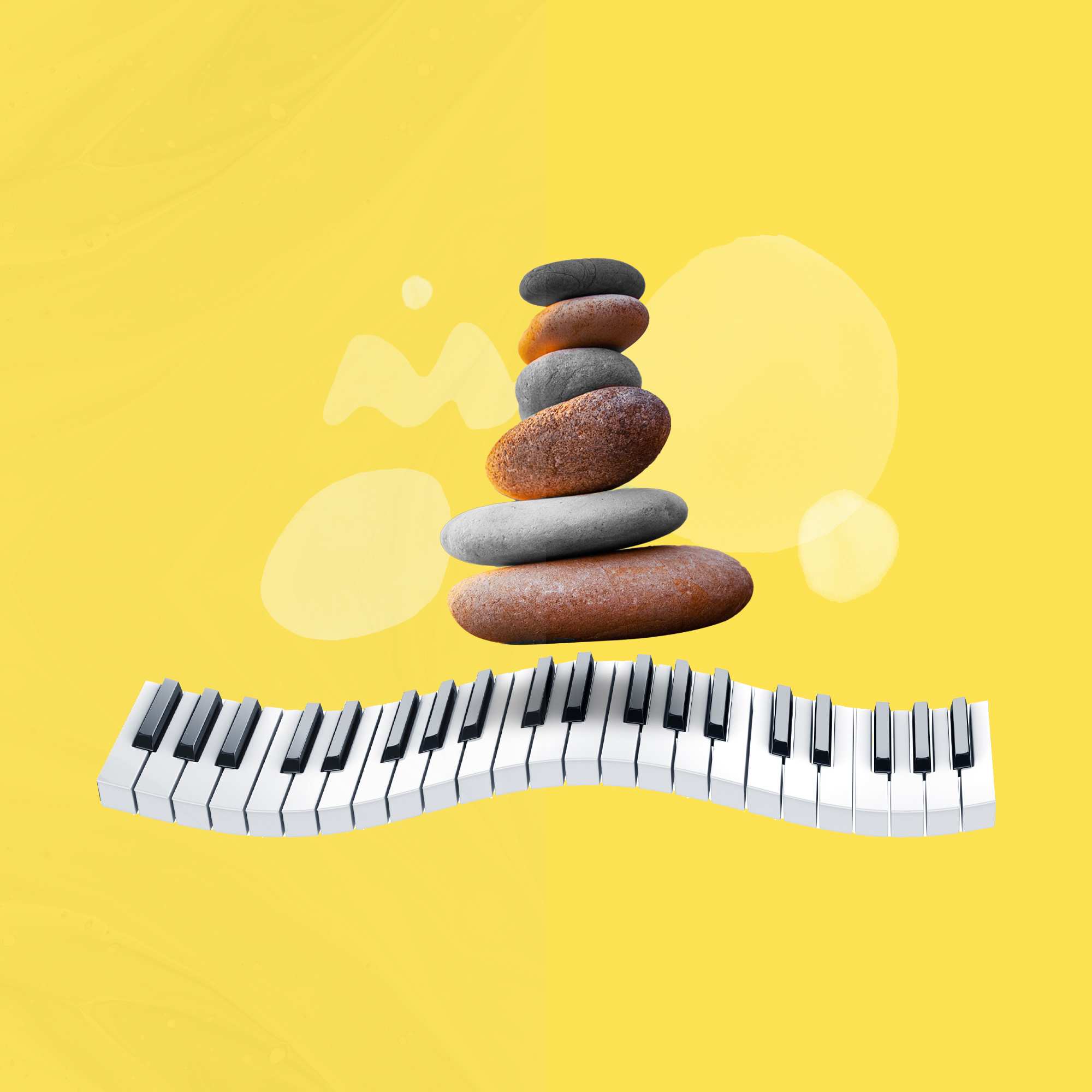 A stack of pebbles sits above a wavy piano keyboard on a bright yellow background.