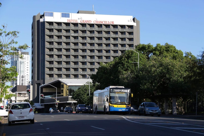 Hotel Grand Chancellor in Brisbane from a distance across the road.