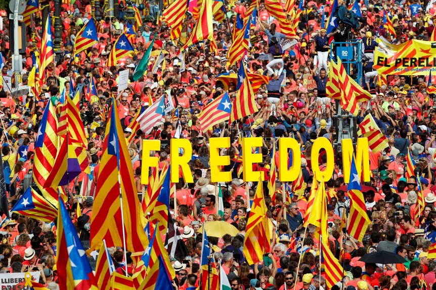 Thousands of people wave Catalan separatist flags and hold up letters spelling out the word "Freedom".