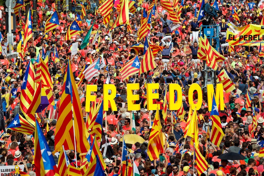 Thousands of people wave Catalan separatist flags and hold up letters spelling out the word "Freedom".