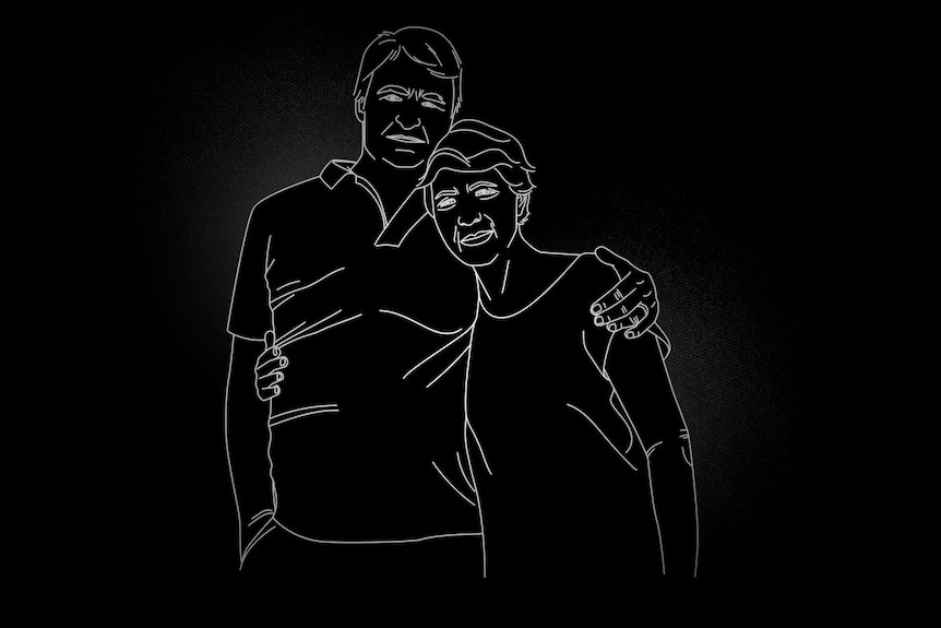 Black and white line drawing of man with arm around shoulder of woman.
