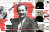 A collage of black and white images of a man smiling in a suit and tie, holding a rifle, and in a passport-style photo.