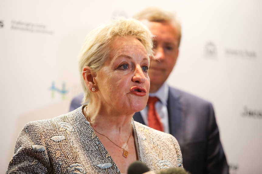 A woman leans forward to talk at a press conference while a man watches on. 