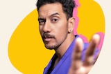 A composite image of comedian James Nokise with a yellow background. He looks to the camera and holds two fingers up. 