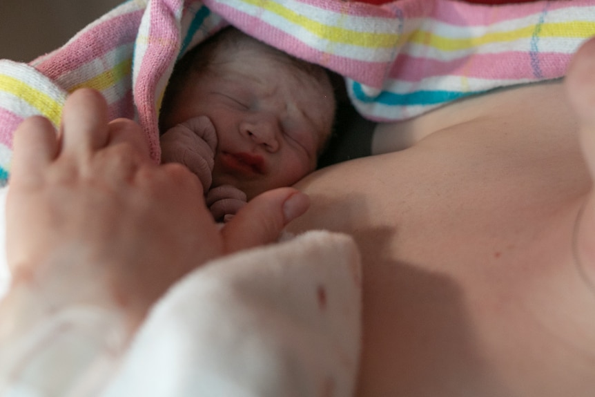A close up of a newborn baby boy wrapped in a blanket on his mother's chest, wrapping his little wrinkly hand around her finger.