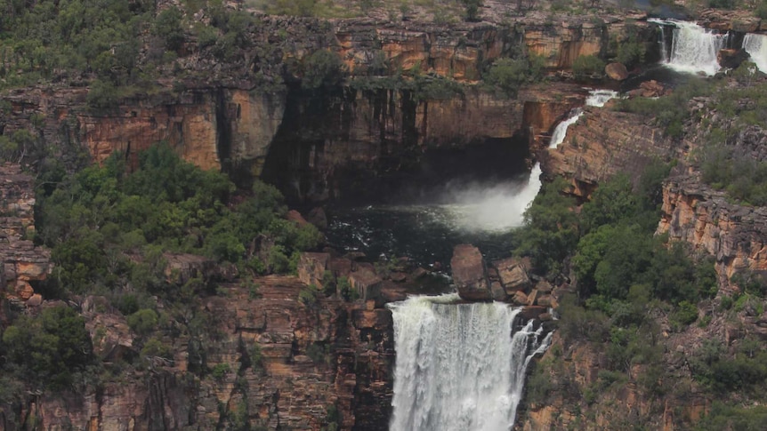 An aerial view of Kakadu's Jim Jim falls at the height of the wet season.