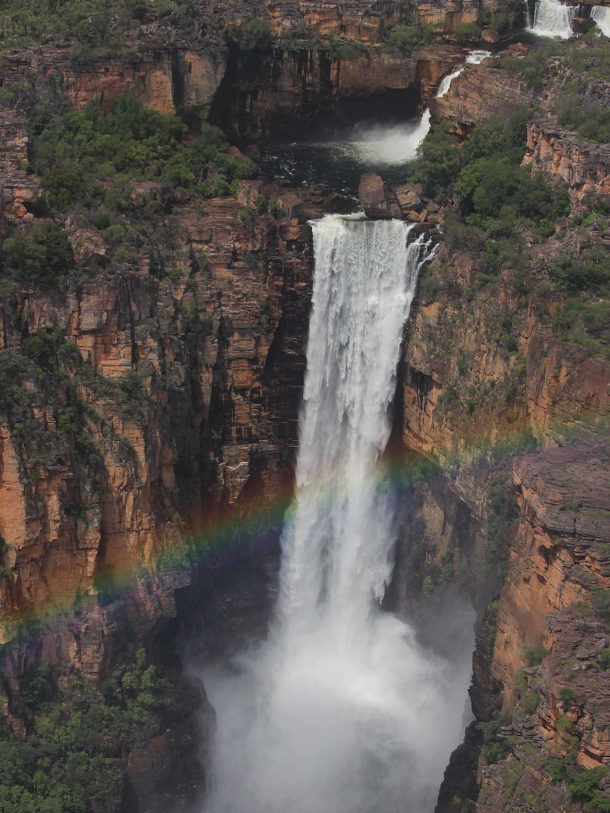 An aerial view of Kakadu's Jim Jim falls at the height of the wet season.
