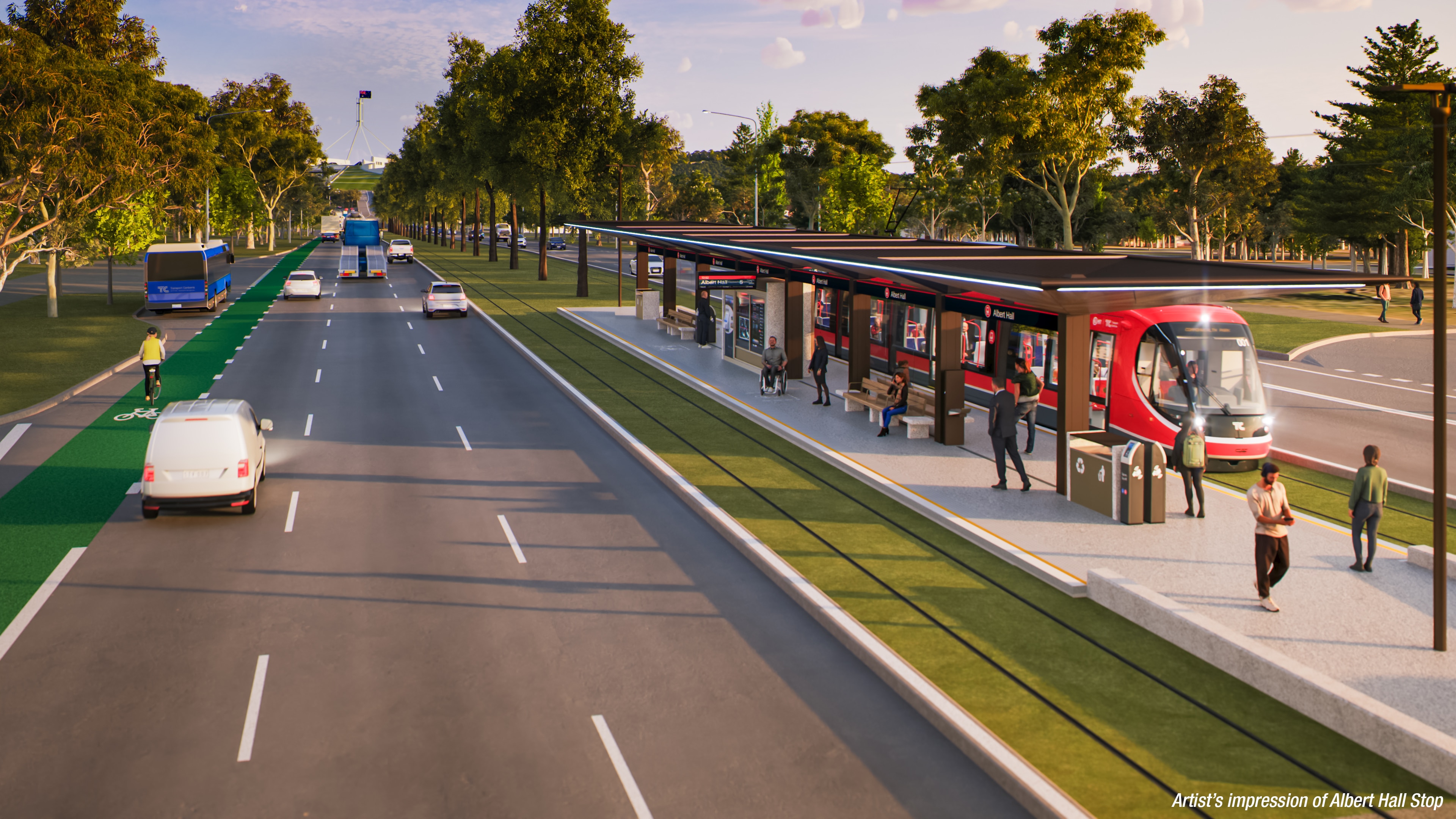 A drawing of the proposed light rail stop outside Albert Hall. The picture shows a tram stopped and cars passing.