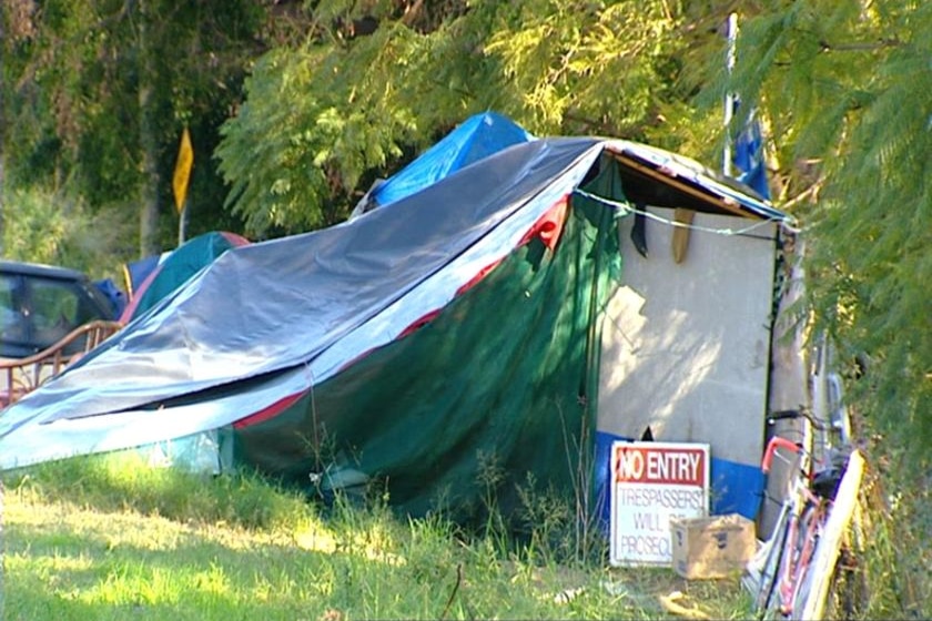 Tent and camp of homeless person in Australia, location and date unknown.