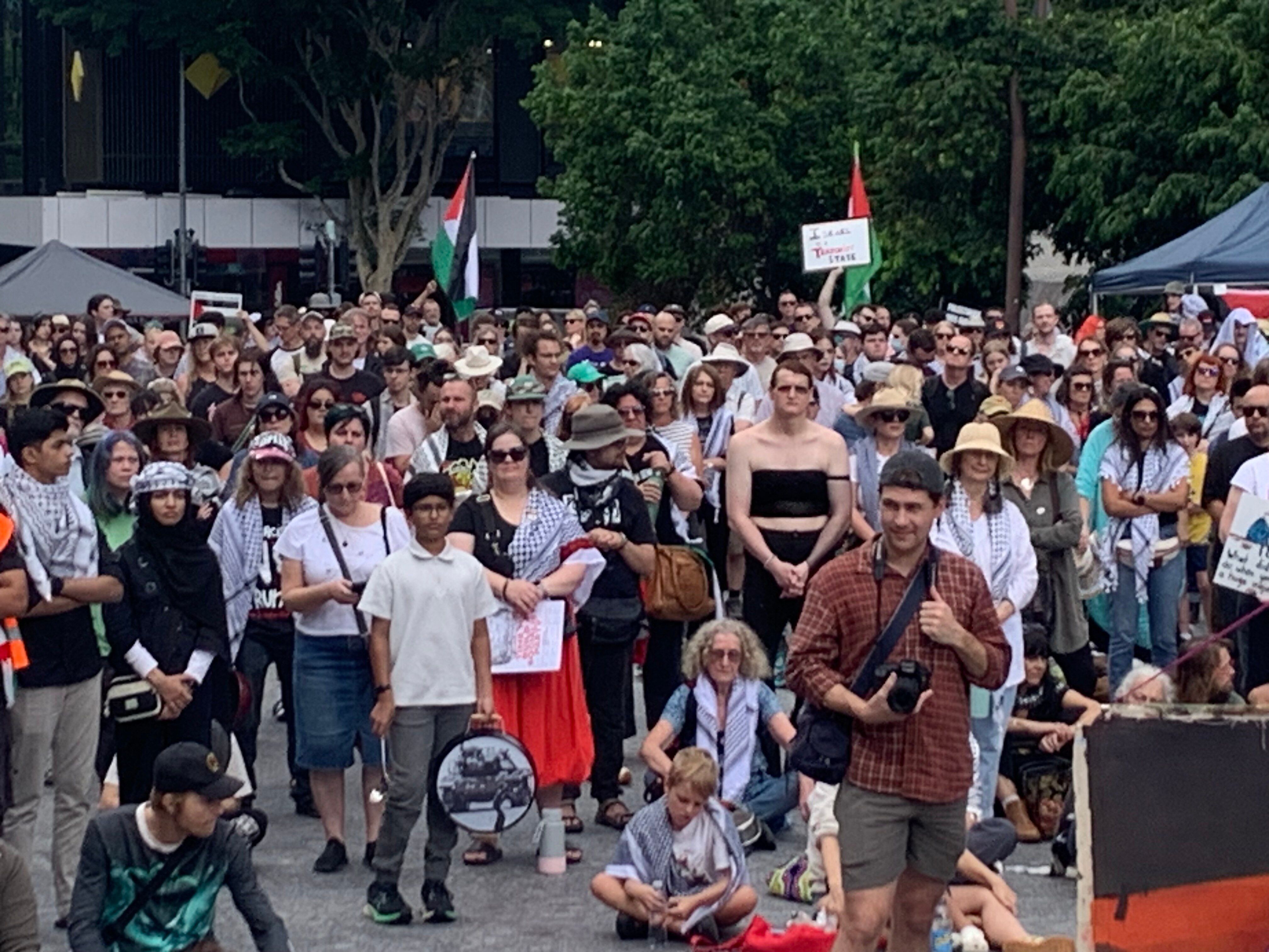 Protesters gather at King George Square in Brisbane.