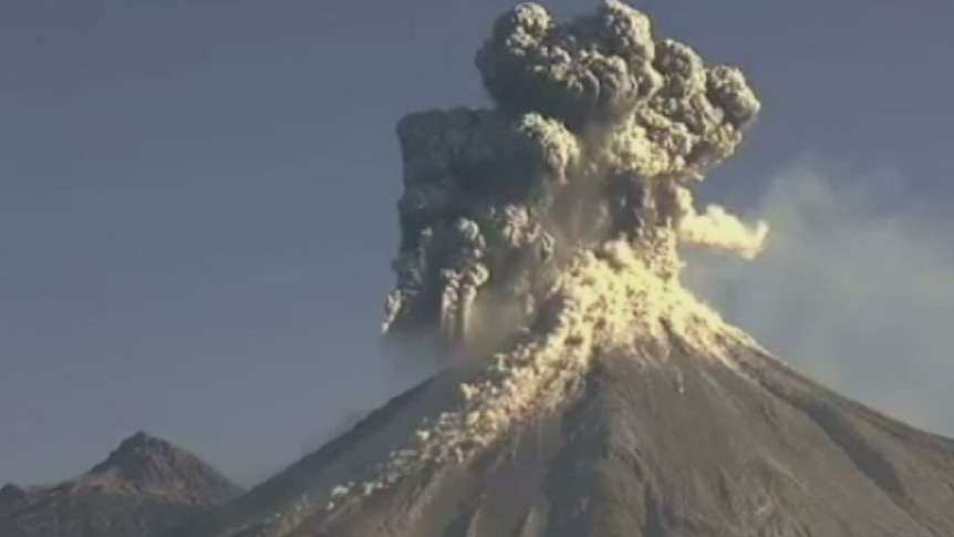 Webcam footage shows volcanic eruption