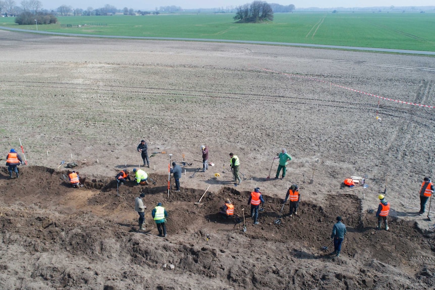 Birds eye view of people digging and using their metal detectors on a field.