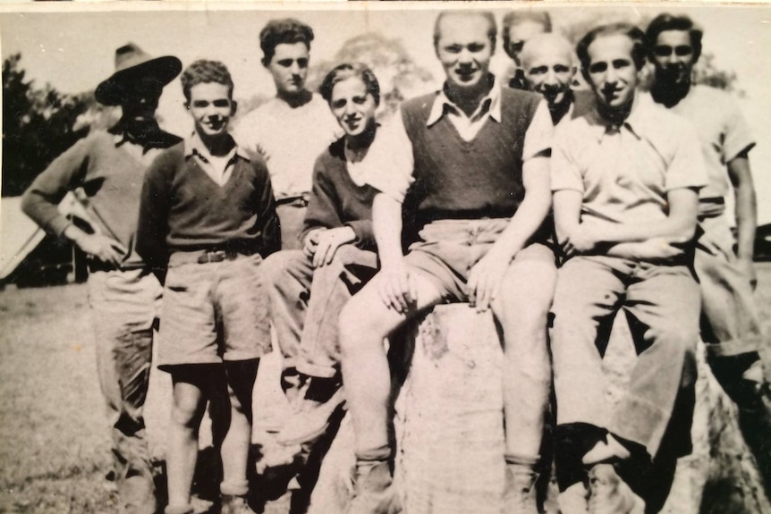 Black and white image of group of Dunera boys in the early days