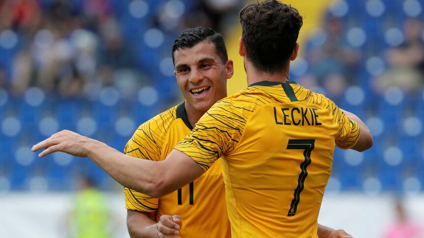 Matthew Leckie celebrates his goal against Czech Republic with Andrew Nabbout